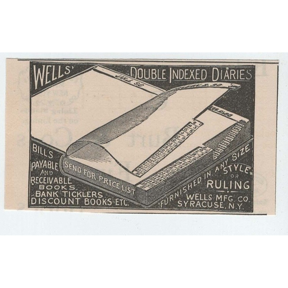 1891 Wells Double Indexed Diaries Syracuse NY Antique Original Print Ad Clipping - Picture 1 of 1